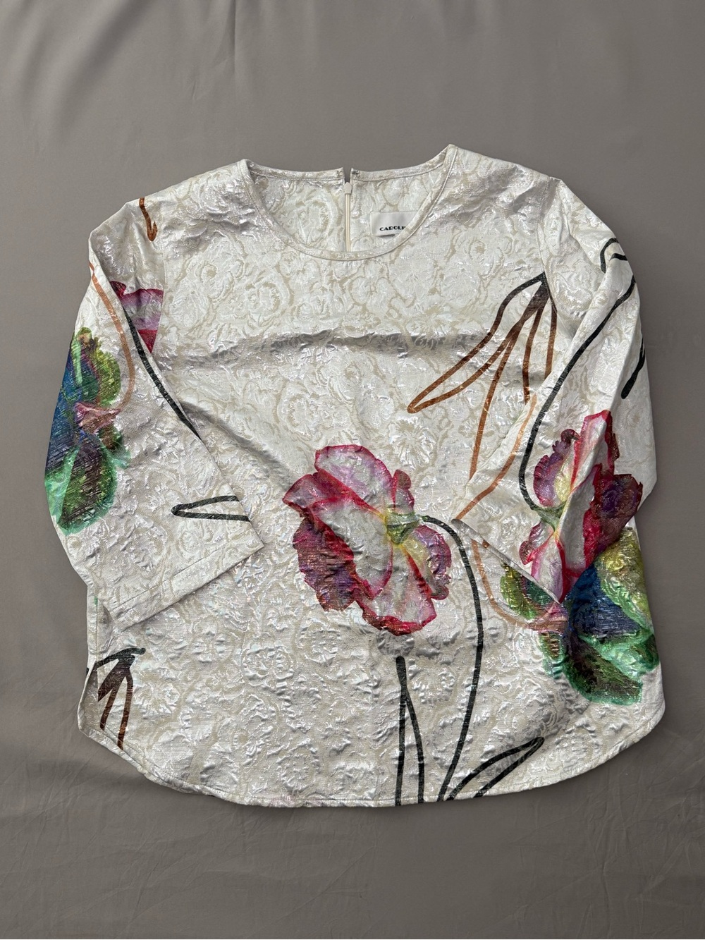 Caroline Rose Metallic Sliver Jacquard Floral Art Blouse